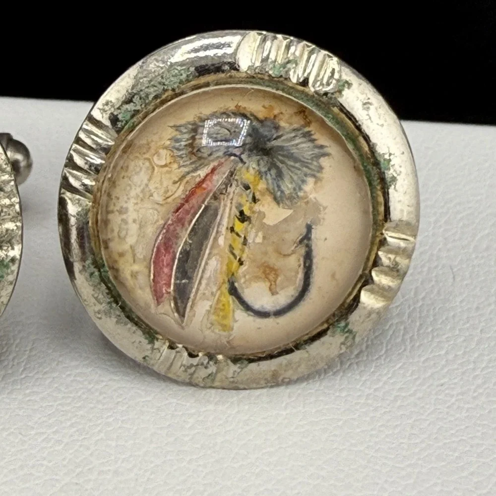 Vintage Estate Cufflinks Fly Fishing Silver Tone Resin‎ Sports Theme